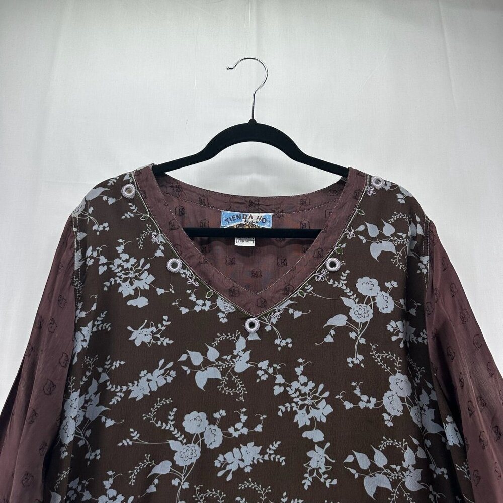 Tienda Ho Blouse Women One Size Asymmetrical Hem V-Neck Long Sleeve Floral Brown - Picture 3 of 11